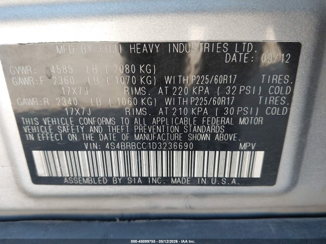 Продаж на аукціоні авто 2013 Subaru Outback 2.5i Premium, vin: 4S4BRBCC1D3236690, номер лоту: 45099755