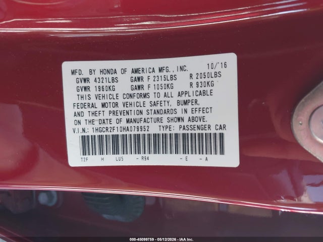 Aukcja sprzedaży 2017 Honda Accord Sport Se, vin: 1HGCR2F10HA079952, numer aukcji: 45099759