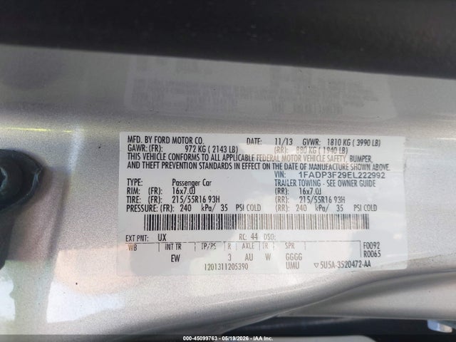 45099763 :رقم المزاد ، 1FADP3F29EL222992 vin ، 2014 Ford Focus Se مزاد بيع