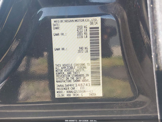 Продажа на аукционе авто 2015 Nissan Altima 2.5 S, vin: 1N4AL3AP4FC148741, номер лота: 45099772