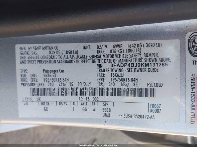 2019 Ford Fiesta Se მანქანა იყიდება აუქციონზე, vin: 3FADP4BJ9KM131265, აუქციონის ნომერი: 45099791
