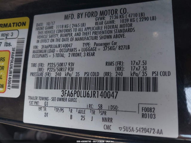 Продажа на аукционе авто 2018 Ford Fusion Hybrid Se, vin: 3FA6P0LU6JR140047, номер лота: 45099795