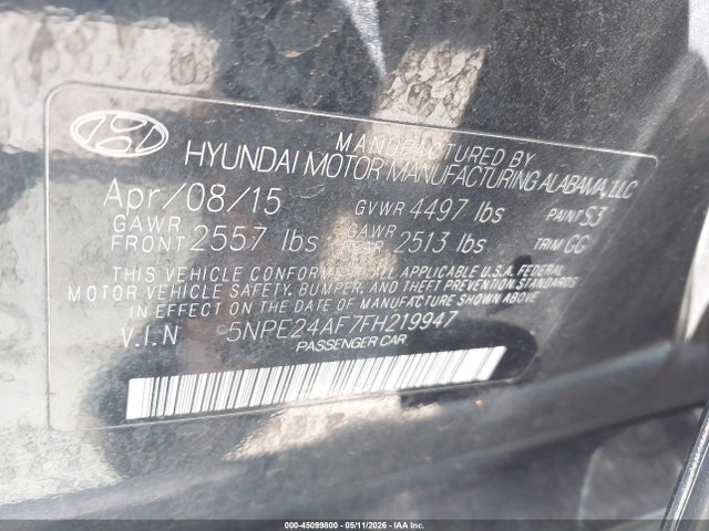 45099800 :رقم المزاد ، 5NPE24AF7FH219947 vin ، 2015 Hyundai Sonata Se مزاد بيع