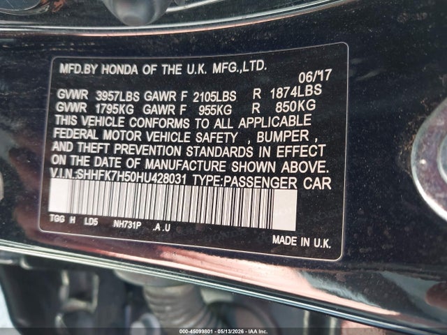 45099801 :رقم المزاد ، SHHFK7H50HU428031 vin ، 2017 Honda Civic Ex مزاد بيع