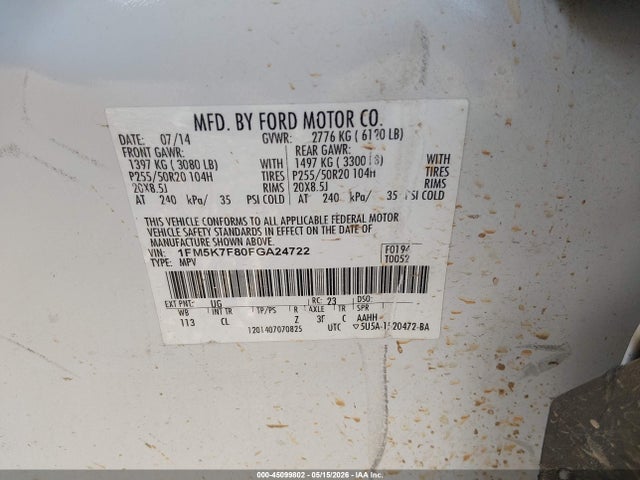 2015 Ford Explorer Limited მანქანა იყიდება აუქციონზე, vin: 1FM5K7F80FGA24722, აუქციონის ნომერი: 45099802