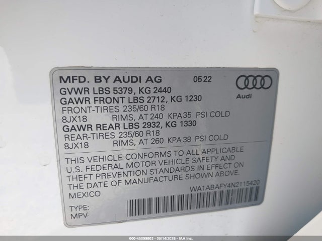 WA1ABAFY4N2115420 Audi Q5 Premium 40 Tfsi Quattro S Tronic