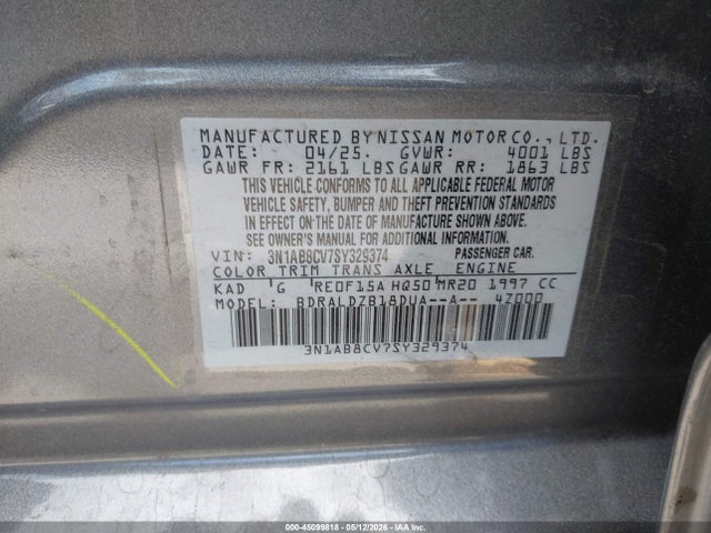 2025 Nissan Sentra Sv მანქანა იყიდება აუქციონზე, vin: 3N1AB8CV7SY329374, აუქციონის ნომერი: 45099818