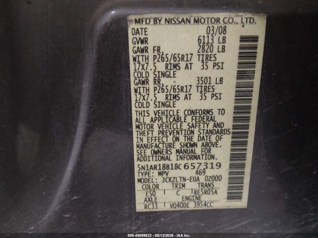 Продаж на аукціоні авто 2008 Nissan Pathfinder Se, vin: 5N1AR18B18C657319, номер лоту: 45099822