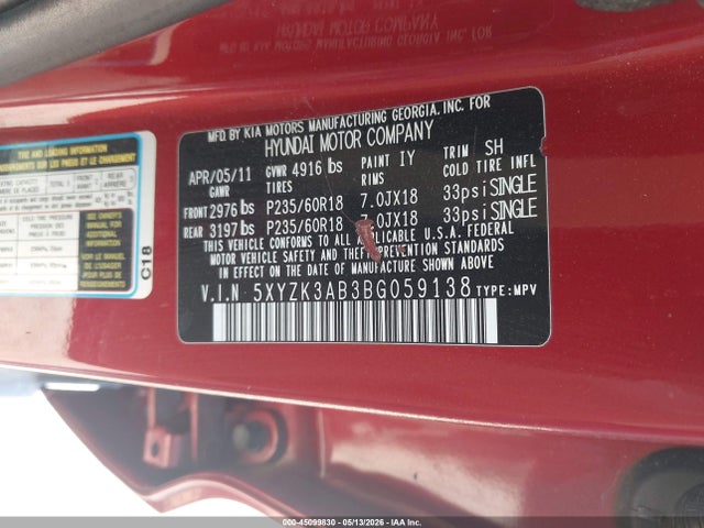 Aukcja sprzedaży 2011 Hyundai Santa Fe Limited, vin: 5XYZK3AB3BG059138, numer aukcji: 45099830