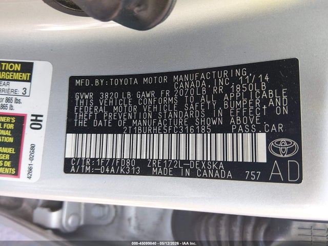 Продаж на аукціоні авто 2015 Toyota Corolla S Plus, vin: 2T1BURHE5FC316185, номер лоту: 45099840