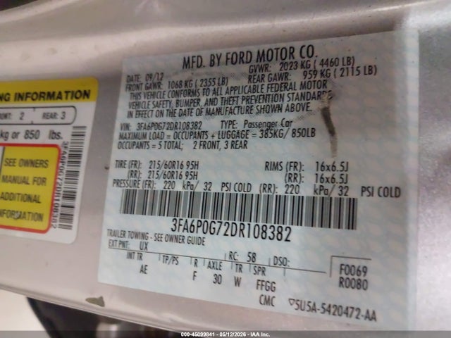 45099841 :رقم المزاد ، 3FA6P0G72DR108382 vin ، 2013 Ford Fusion S مزاد بيع