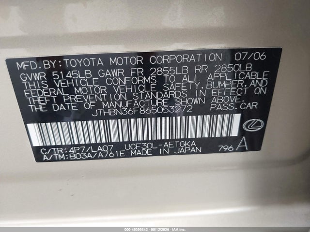 45099842 :رقم المزاد ، JTHBN36F865053272 vin ، 2006 Lexus Ls 430 مزاد بيع