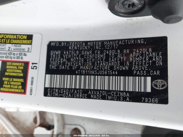 45099846 :رقم المزاد ، 4T1B11HK5JU561544 vin ، 2018 Toyota Camry Le مزاد بيع