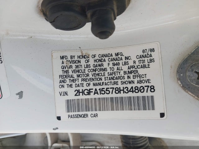 2008 Honda Civic Lx მანქანა იყიდება აუქციონზე, vin: 2HGFA15578H348078, აუქციონის ნომერი: 45099855