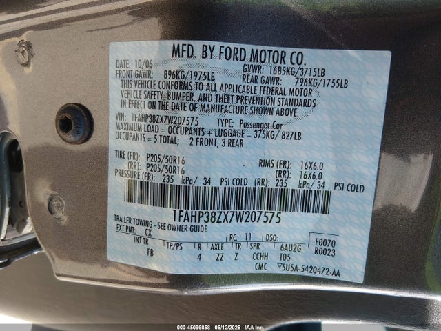 45099858 :رقم المزاد ، 1FAHP38ZX7W207575 vin ، 2007 Ford Focus St مزاد بيع