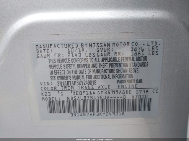 Nissan SENTRA S 2019 3N1AB7AP3KY249018 Image 9