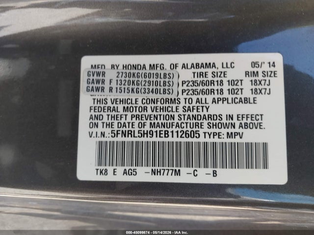 Продаж на аукціоні авто 2014 Honda Odyssey Touring/touring Elite, vin: 5FNRL5H91EB112605, номер лоту: 45099874