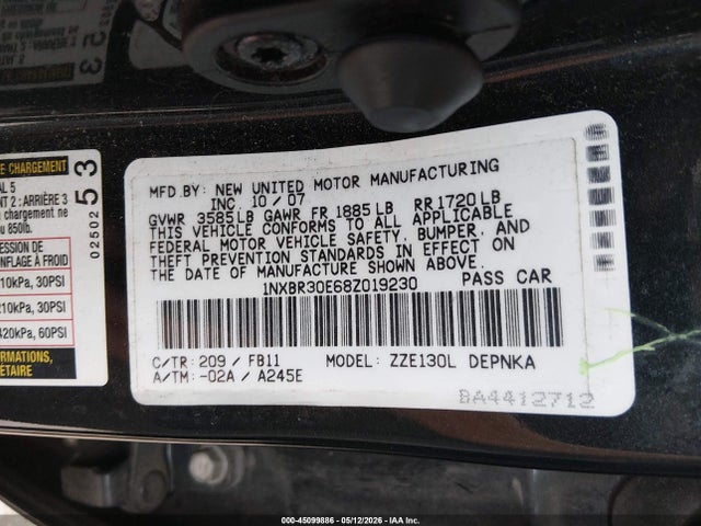 Aukcja sprzedaży 2008 Toyota Corolla Le, vin: 1NXBR30E68Z019230, numer aukcji: 45099886