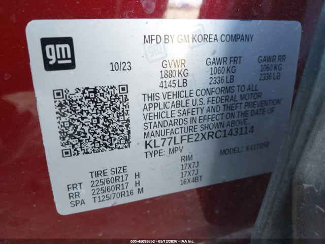 Aukcja sprzedaży 2024 Chevrolet Trax Fwd Sp, vin: KL77LFE2XRC143114, numer aukcji: 45099892