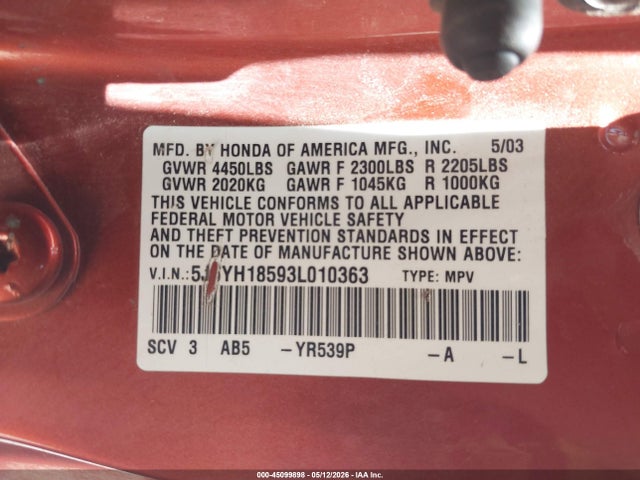 Auction sale of the 2003 Honda Element Ex, vin: 5J6YH18593L010363, lot number: 45099898
