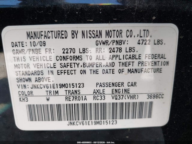 2009 Infiniti G37 Journey მანქანა იყიდება აუქციონზე, vin: JNKCV61E19M015123, აუქციონის ნომერი: 45099903