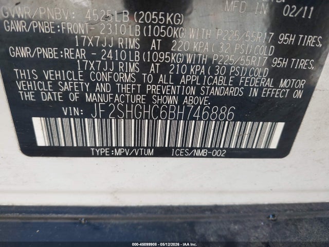 2011 Subaru Forester 2.5xt Touring მანქანა იყიდება აუქციონზე, vin: JF2SHGHC6BH746886, აუქციონის ნომერი: 45099908