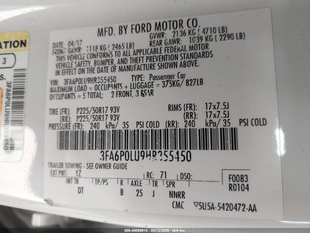 3FA6P0LU9HR355450 Ford Fusion Hybrid Se