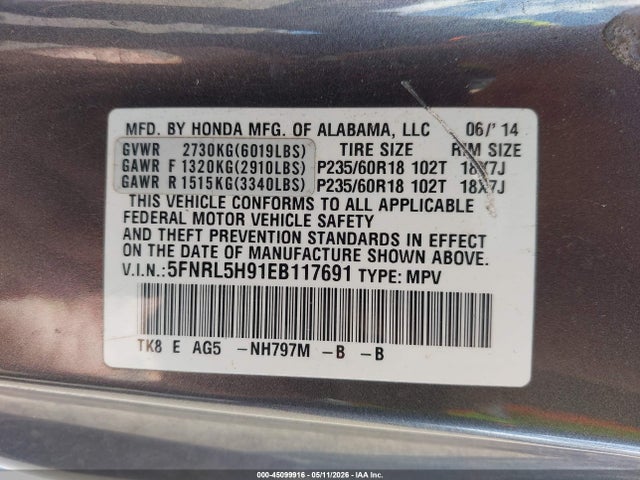 Продажа на аукционе авто 2014 Honda Odyssey Touring/touring Elite, vin: 5FNRL5H91EB117691, номер лота: 45099916