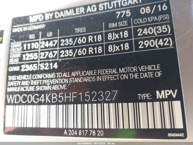 Aukcja sprzedaży 2017 Mercedes-benz Glc 300 4matic, vin: WDC0G4KB5HF152327, numer aukcji: 45099932
