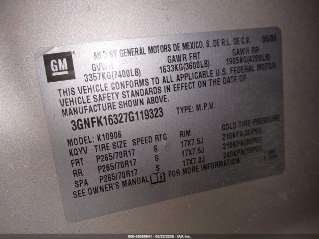 45099941 :رقم المزاد ، 3GNFK16327G119323 vin ، 2007 Chevrolet Suburban 1500 Lt مزاد بيع