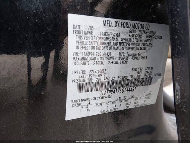 Продажа на аукционе авто 2006 Ford Five Hundred Sel, vin: 1FAFP24176G144431, номер лота: 45099949