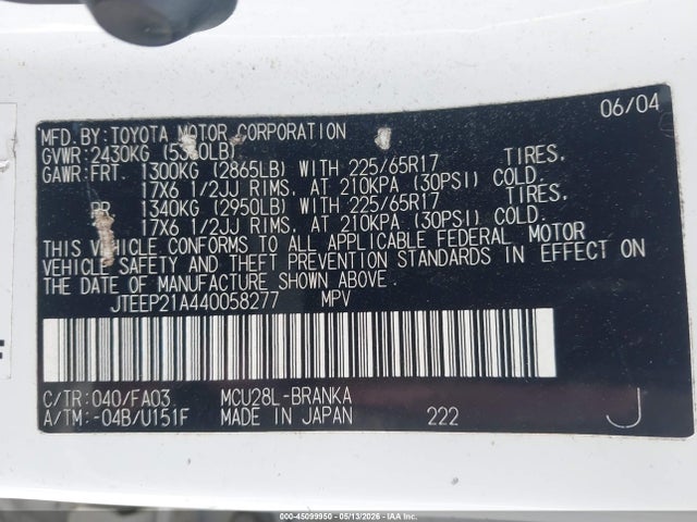 Aukcja sprzedaży 2004 Toyota Highlander Limited V6, vin: JTEEP21A440058277, numer aukcji: 45099950
