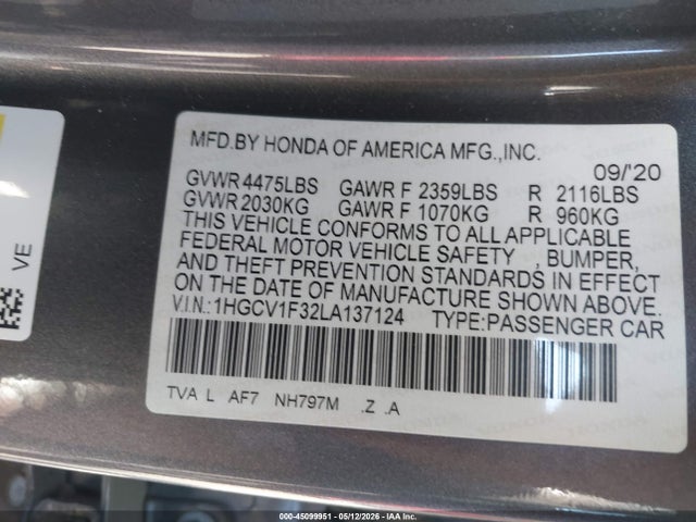 Продаж на аукціоні авто 2020 Honda Accord Sport, vin: 1HGCV1F32LA137124, номер лоту: 45099951