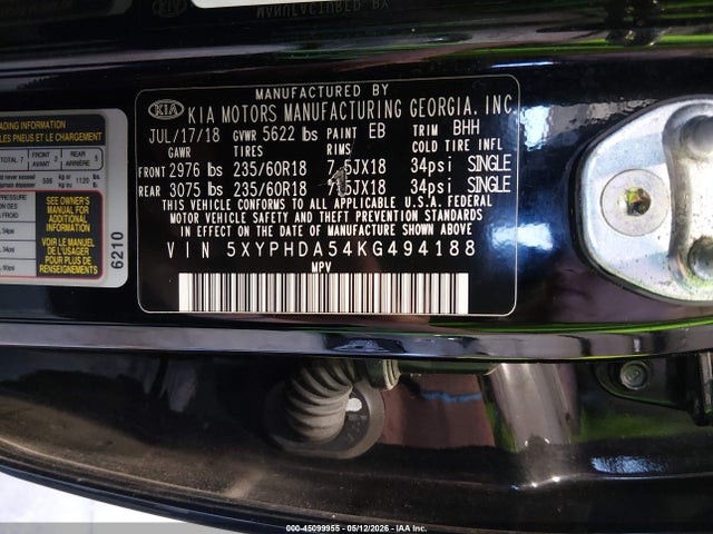 Aukcja sprzedaży 2019 Kia Sorento 3.3l Ex, vin: 5XYPHDA54KG494188, numer aukcji: 45099955