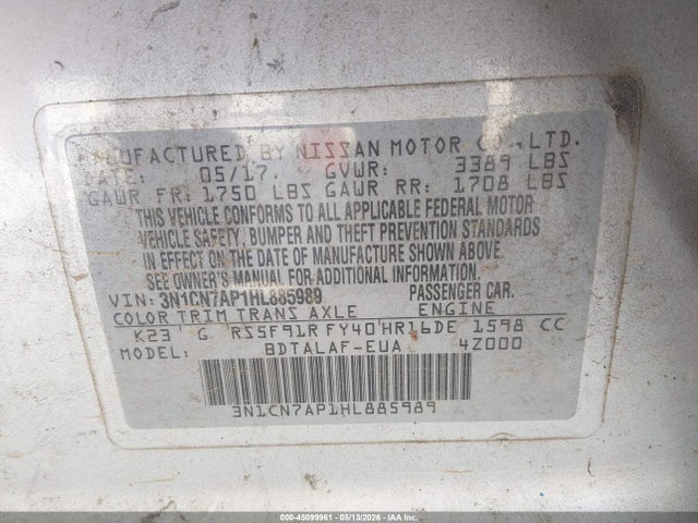 Nissan Versa 1.6 S 2017 3N1CN7AP1HL885989 Image 9