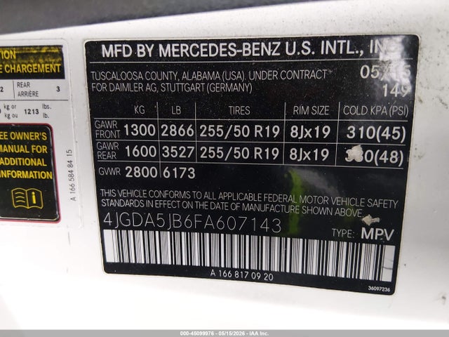 Продажа на аукционе авто 2015 Mercedes-benz Ml 350, vin: 4JGDA5JB6FA607143, номер лота: 45099976