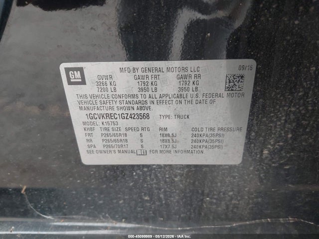 Продажа на аукционе авто 2016 Chevrolet Silverado 1500 2lt, vin: 1GCVKREC1GZ423568, номер лота: 45099989