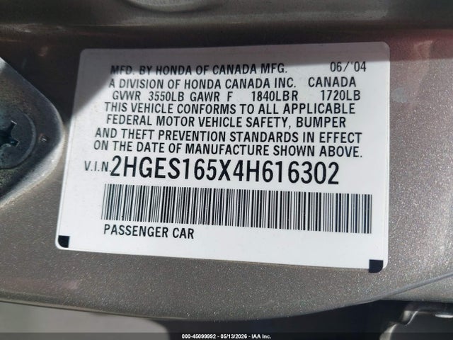 2004 Honda Civic Lx მანქანა იყიდება აუქციონზე, vin: 2HGES165X4H616302, აუქციონის ნომერი: 45099992