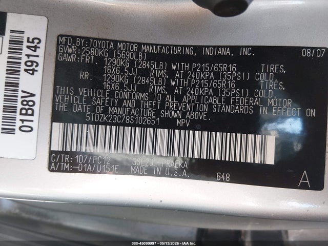 2008 Toyota Sienna Le მანქანა იყიდება აუქციონზე, vin: 5TDZK23C78S102651, აუქციონის ნომერი: 45099997