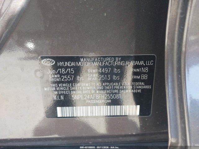 5NPE24AF8FH255081 Hyundai SONATA SE