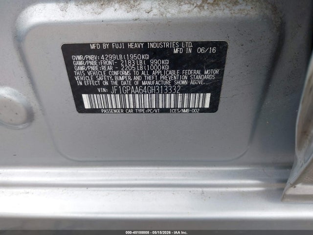 2016 Subaru Impreza 2.0i მანქანა იყიდება აუქციონზე, vin: JF1GPAA64GH313332, აუქციონის ნომერი: 45100008
