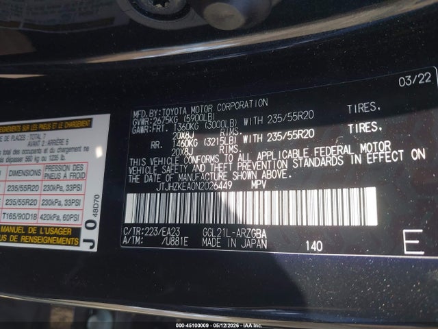 Продаж на аукціоні авто 2022 Lexus Rx 350l, vin: JTJHZKEA0N2026449, номер лоту: 45100009