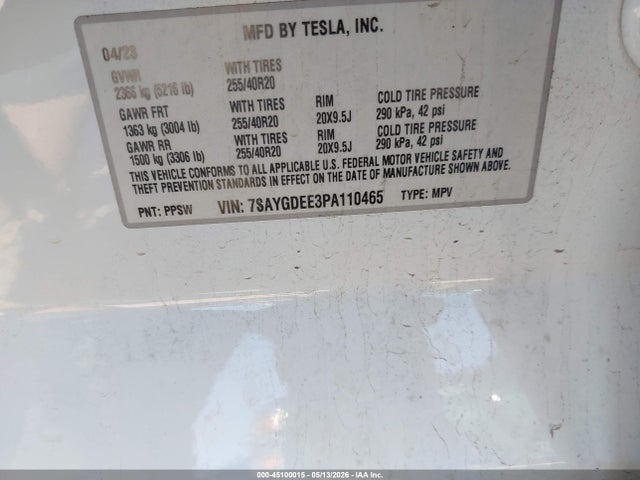2023 Tesla Model Y Awd/long Range Dual Motor All-wheel Drive მანქანა იყიდება აუქციონზე, vin: 7SAYGDEE3PA110465, აუქციონის ნომერი: 45100015