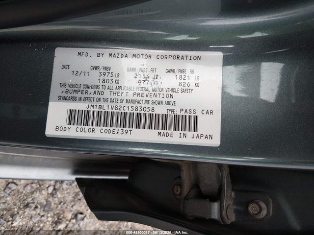 Aukcja sprzedaży 2012 Mazda Mazda3 I Touring, vin: JM1BL1V82C1583058, numer aukcji: 45100017