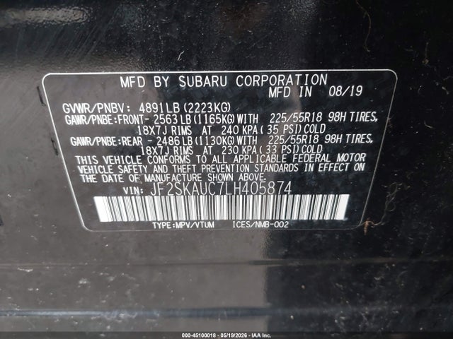 Aukcja sprzedaży 2020 Subaru Forester Limited, vin: JF2SKAUC7LH405874, numer aukcji: 45100018