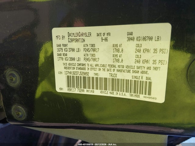 45100019 :رقم المزاد ، 1D7HA18237J529092 vin ، 2007 Dodge Ram 1500 Slt مزاد بيع
