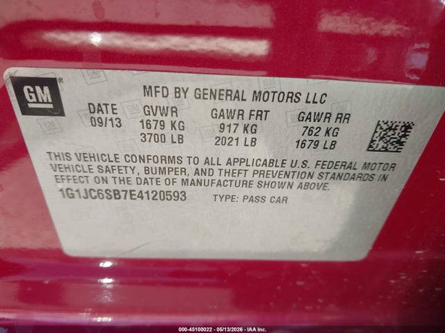 Aukcja sprzedaży 2014 Chevrolet Sonic Lt Auto, vin: 1G1JC6SB7E4120593, numer aukcji: 45100022