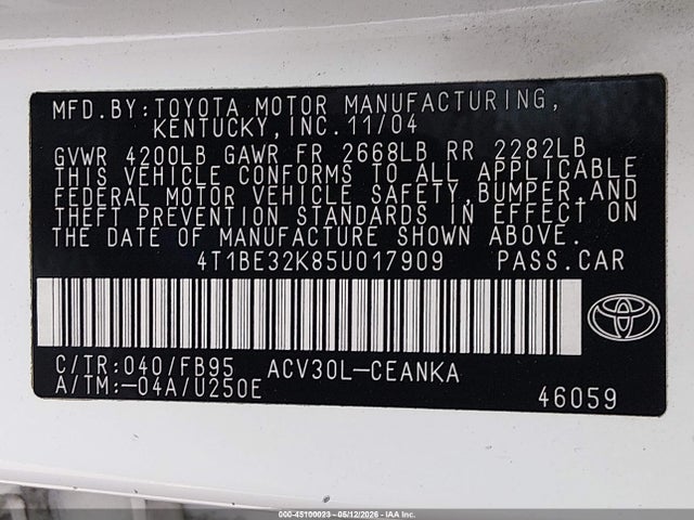 Aukcja sprzedaży 2005 Toyota Camry Le, vin: 4T1BE32K85U017909, numer aukcji: 45100023