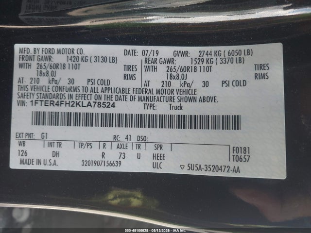 Ford Ranger Lariat 2019 1FTER4FH2KLA78524 Image 9