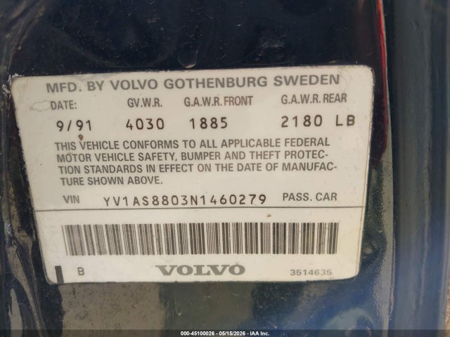 Продаж на аукціоні авто 1992 Volvo 240 Gl, vin: YV1AS8803N1460279, номер лоту: 45100026